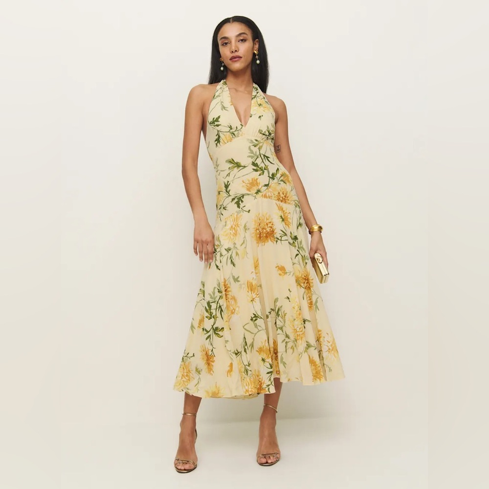 Reformation Floral Halter Dress in Yellow and Green